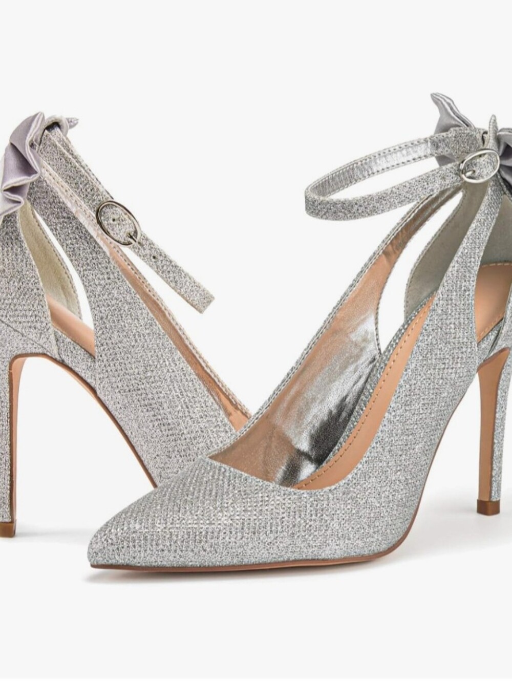 Fashare Women's High Heels Bow Tie Silver Sparkle Strap Dress Pumps Size 9